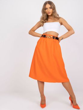 Dámska oranžová trapézová midi sukňa s vreckami