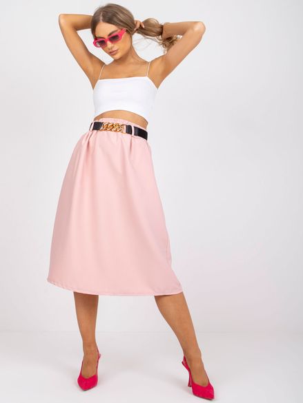 Dámska svetlo-ružová trapézová midi sukňa s vreckami