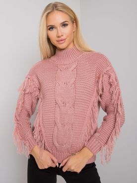 Ružový pletený vlnený sveter so strapcami