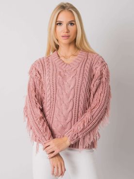 Ružový pletený sveter s vrkočovým vzorom a strapcami