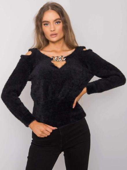 Krátky čierny elegantný sveter s ozdobou vo výstrihu Leandre RUE PARIS