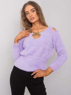 Krátky fialový elegantný sveter s ozdobou vo výstrihu Leandre RUE PARIS
