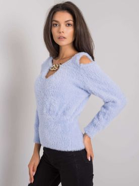 Krátky svetlo-modrý elegantný sveter s ozdobou vo výstrihu Leandre RUE PARIS