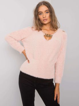 Krátky svetlo-ružový elegantný sveter s ozdobou vo výstrihu Leandre RUE PARIS