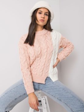 Bielo-ružový pletený sveter s vrkočovým vzorom