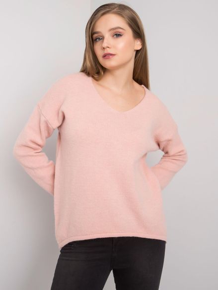 Svetlo-ružový oversize dámsky sveter s výstrihom do V Georgia OCH BELLA