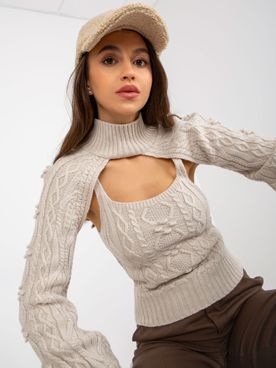Svetlo-béžový pletený štýlový sveter so samostatným tielkom
