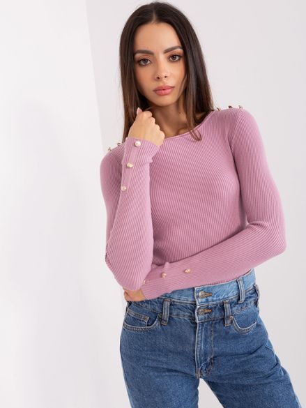 Svetlo-fialový jednoduchý rebrovaný sveter s gombíkmi na ramenách a rukávoch