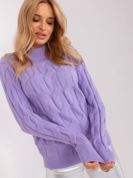 Svetlo-fialový rolákový bavlnený pletený sveter s vrkočovým vzorom