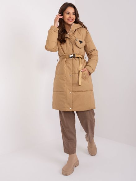 Svetlo-hnedá zateplená zimná prešívaná bunda s opaskom