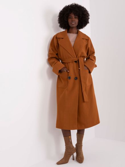 Svetlo-hnedý dlhý vlnený prechodný elegantný kabát s opaskom