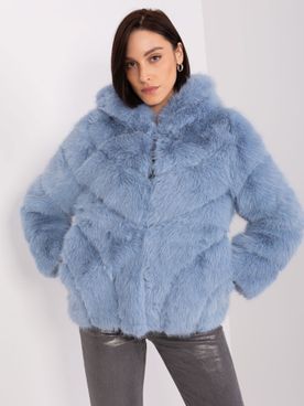 Svetlo-modrá štýlová kožušinová prechodná bunda s kapucňou