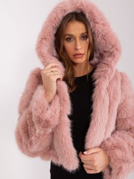 Svetlo-ružová krátka kožušinová prechodná bunda s kapucňou