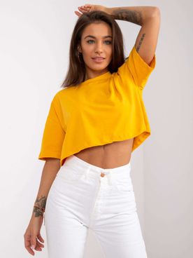 Tmavo-žltý voľný tričkový crop top s krátkym rukávom
