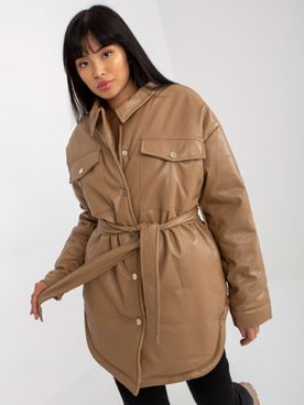 Tmavo-béžová dámska kabátová bunda z eko kože