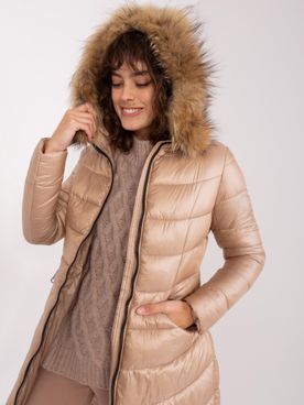 Tmavo-béžová prešívaná zimná bunda s kožušinou na kapucni