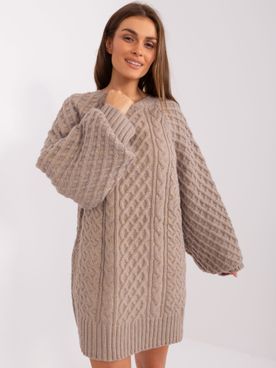 Tmavo-béžové pletené oversize mini šaty so vzorovaným úpletom