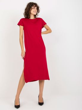 Tmavo-červené midi šaty s krátkym rukávom a rozparkom