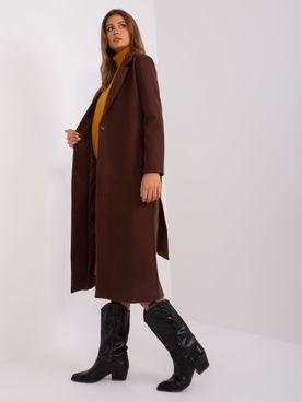 Tmavo-hnedý elegantný dlhý kabát s opaskom bez kapucne