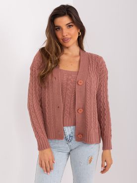 Tmavo-ružový pletený vlnený sveter na gombíky s tielkom