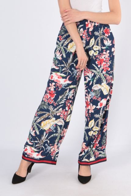 Tmavomodré kvetované dámske nohavice s pásikom