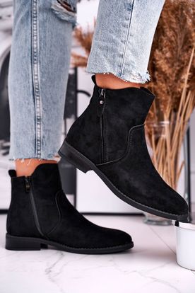 Čierne semišové kovbojské členkové topánky na plochých podpätkoch pre dámy