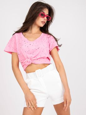 Svetlo-ružové voľné tričko s dierkami a výstrihom do V