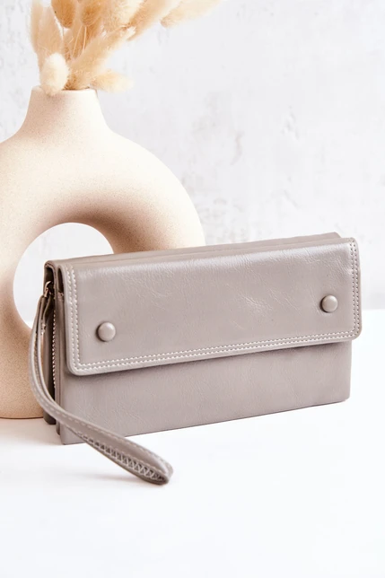 Veľká kožená sivá peňaženka so zipsom a bočným vreckom na gombíky