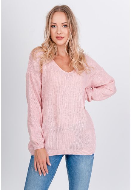 Voľný ružový sveter s výstrihom do V