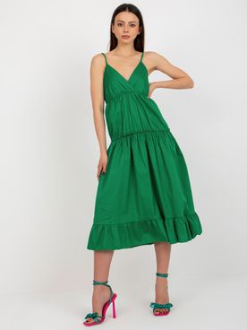 Zelené bavlnené romantické volánové šaty na ramienka