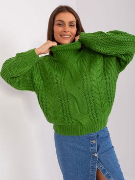 Zelený oversize rolákový pletený vzorovaný sveter